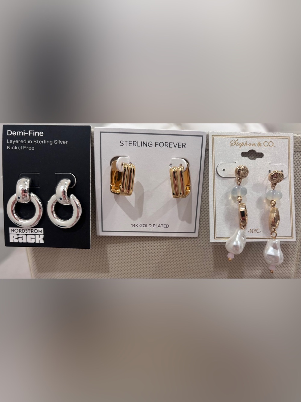 NWT 3 pairs of earrings: Sterlingsilver,GoldChunky Huggies, and mother-of-pearls